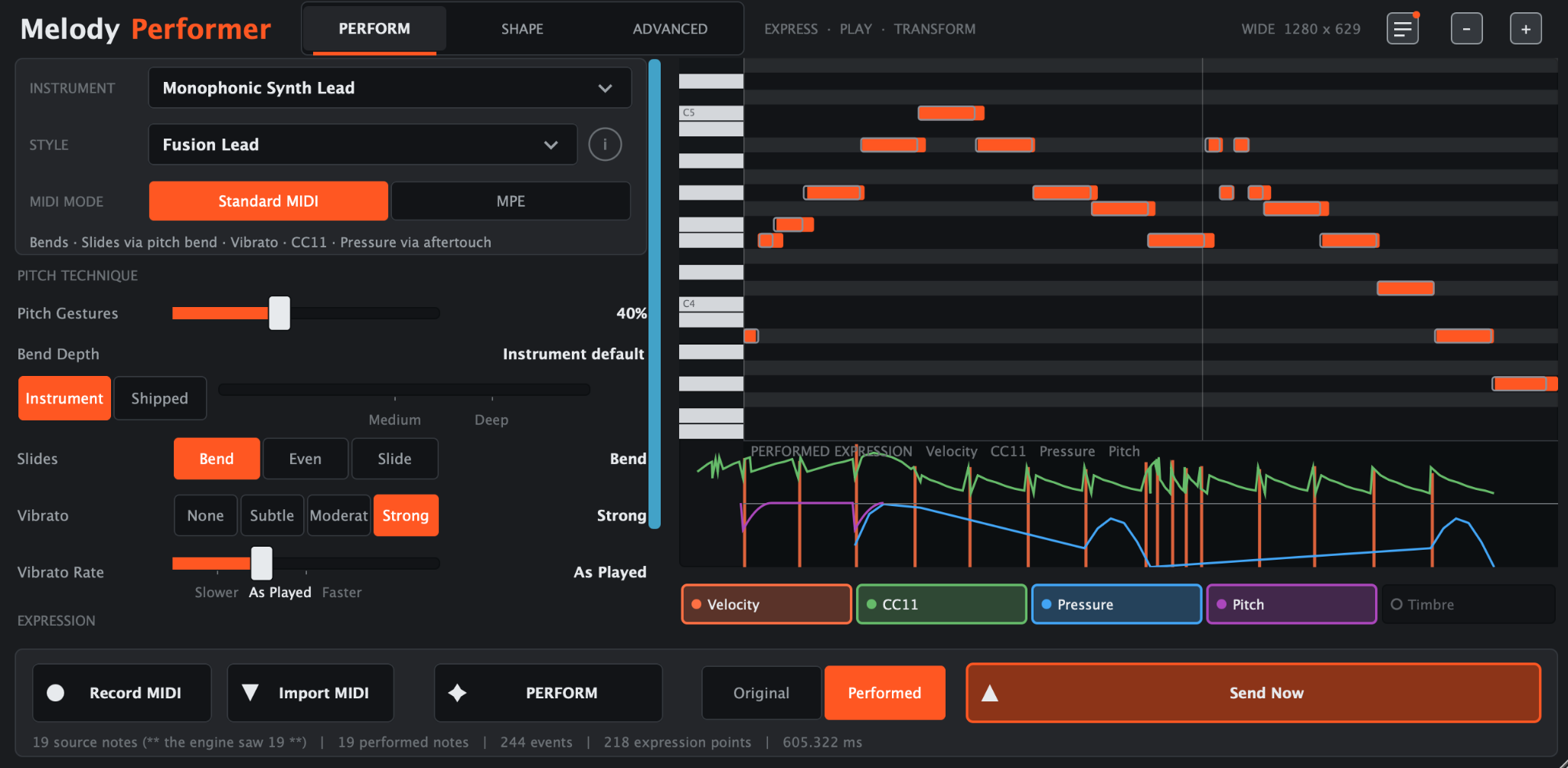 Screenshot of the Melody Performer music-production interface